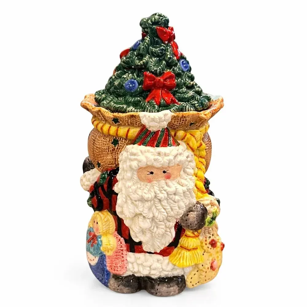 Fitz & Floyd Homespun Holidays Santa Cookie Jar & Lidded Box Set w Orig Boxes